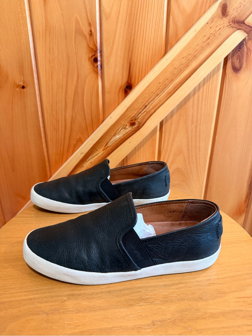 Frye Black Slip-On Leather Loafers with White Soles